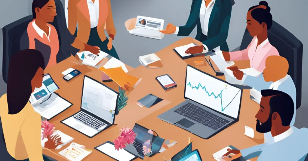 Business Meeting on Digital Marketing Strategies in a Modern Office